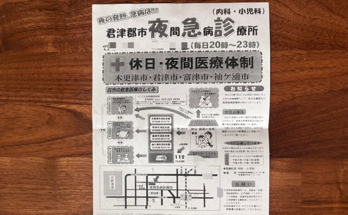 夜間(20:00~23:00)に体調不良になってしまった場合は君津郡市夜間急病診療所へ